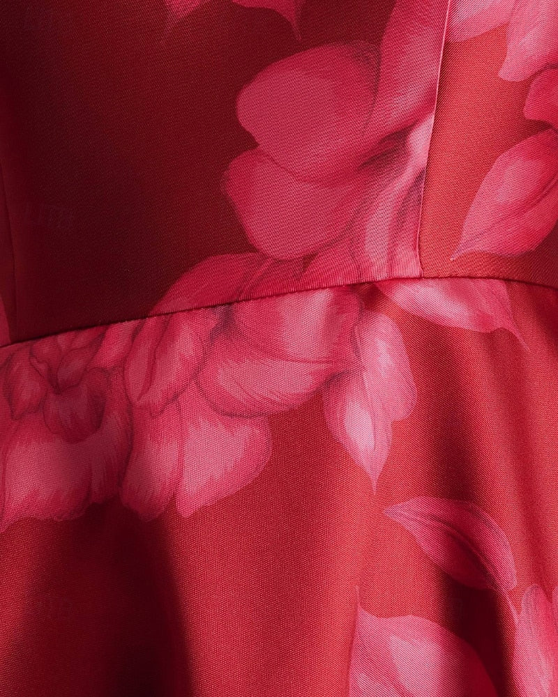 Floral Print One Shoulder Sleeve A-Line Ankle-Length Evening Dress