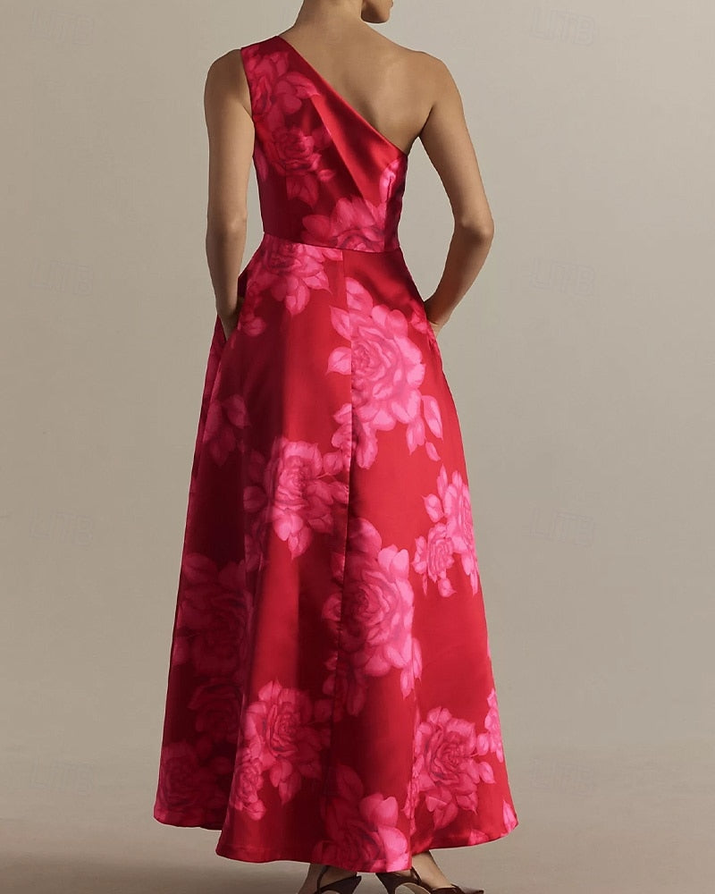 Floral Print One Shoulder Sleeve A-Line Ankle-Length Evening Dress