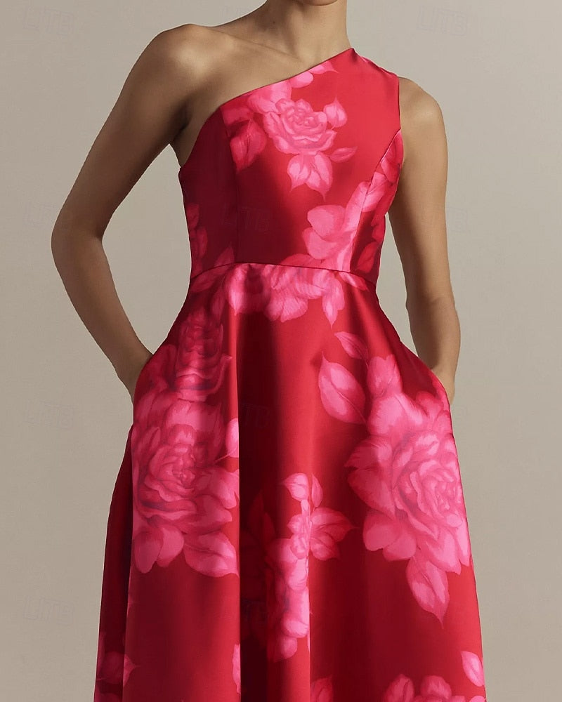 Floral Print One Shoulder Sleeve A-Line Ankle-Length Evening Dress