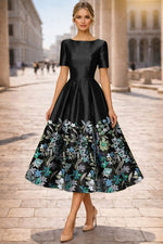 Half Sleeve Flowers Floral Print Sequins A-Line Tea-Length Evening Dress