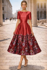 Half Sleeve Flowers Floral Print Sequins A-Line Tea-Length Evening Dress