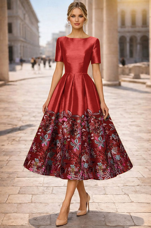 Half Sleeve Flowers Floral Print Sequins A-Line Tea-Length Evening Dress