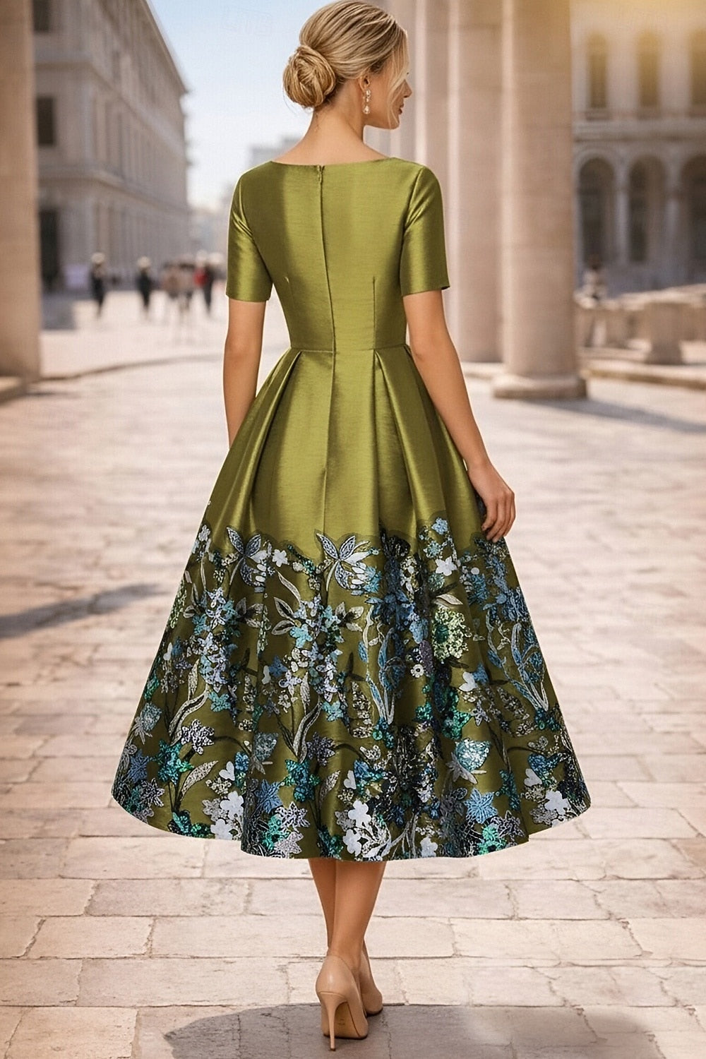 Half Sleeve Flowers Floral Print Sequins A-Line Tea-Length Evening Dress