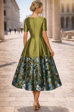 Half Sleeve Flowers Floral Print Sequins A-Line Tea-Length Evening Dress