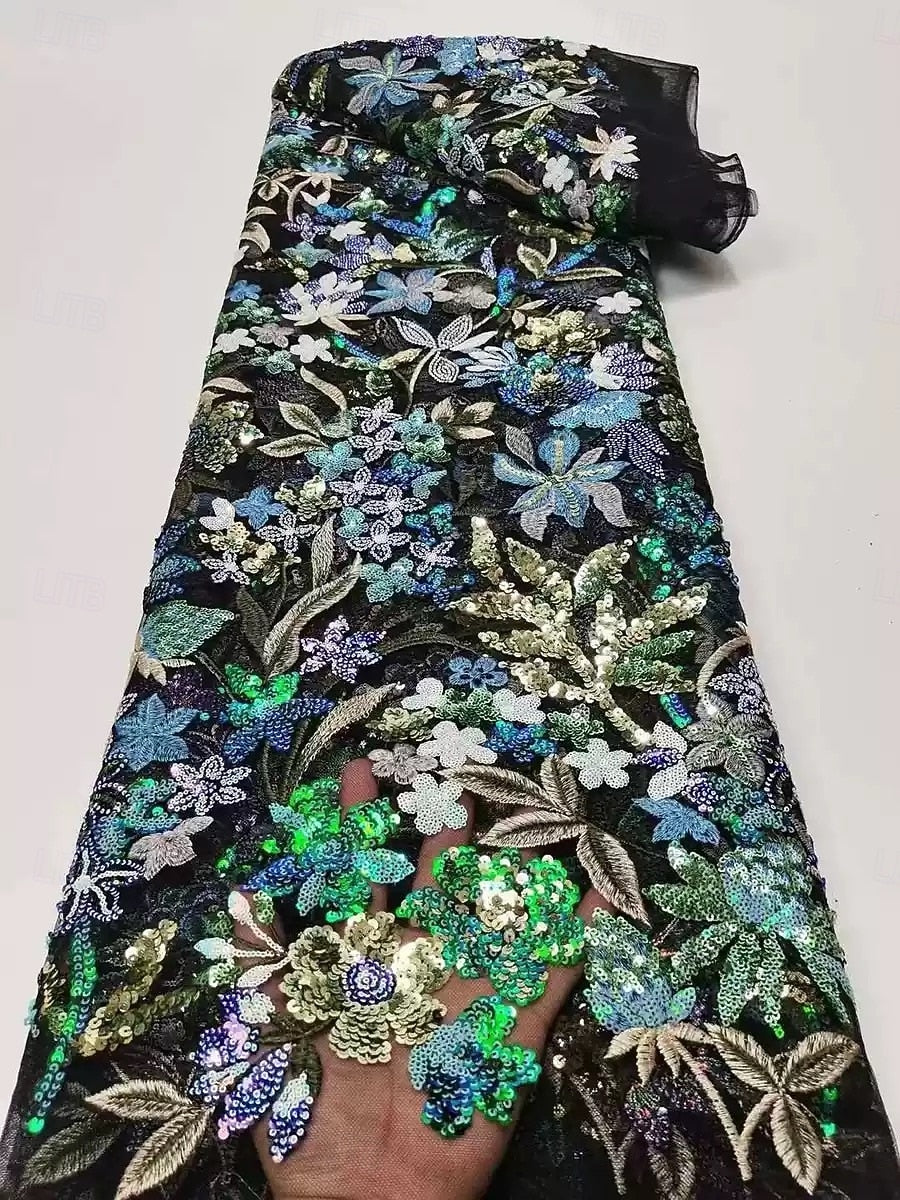 Half Sleeve Flowers Floral Print Sequins A-Line Tea-Length Evening Dress