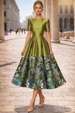 Half Sleeve Flowers Floral Print Sequins A-Line Tea-Length Evening Dress