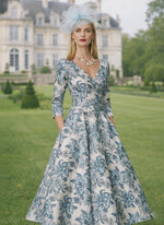 Floral Print Flowers V-Neck Long Sleeve A-Line Tea-Length Evening Dress
