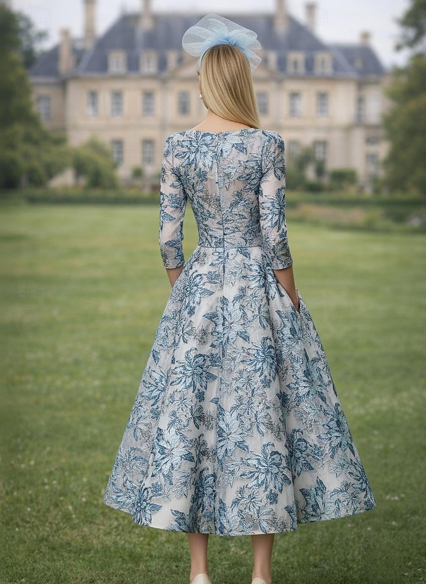 Floral Print Flowers V-Neck Long Sleeve A-Line Tea-Length Evening Dress