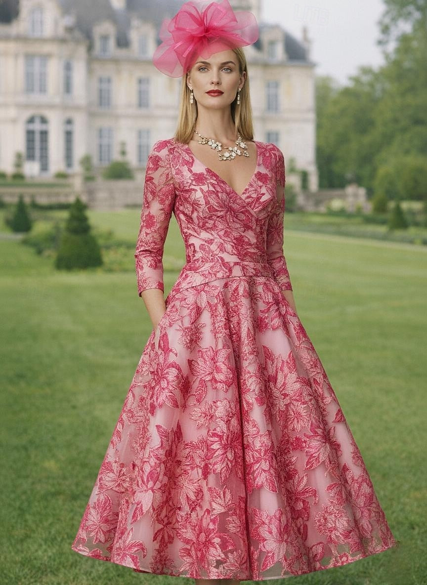 Floral Print Flowers V-Neck Long Sleeve A-Line Tea-Length Evening Dress