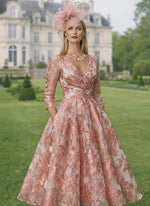 Floral Print Flowers V-Neck Long Sleeve A-Line Tea-Length Evening Dress