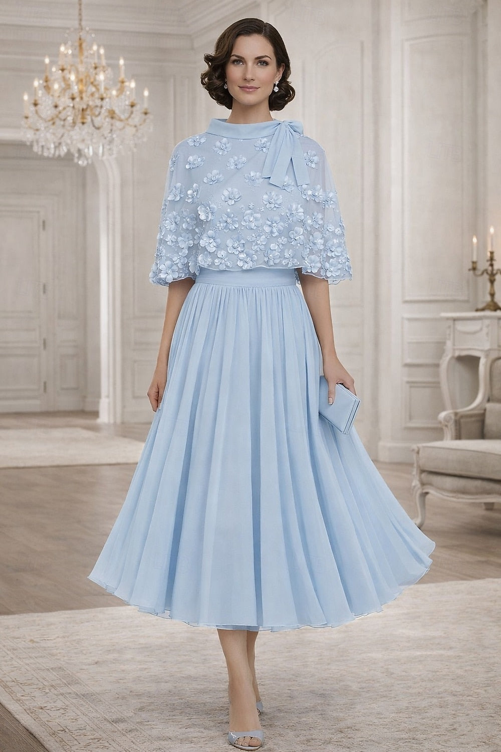 Flowers Short Shawl A-Line Tea-Length Formal Evening Dress