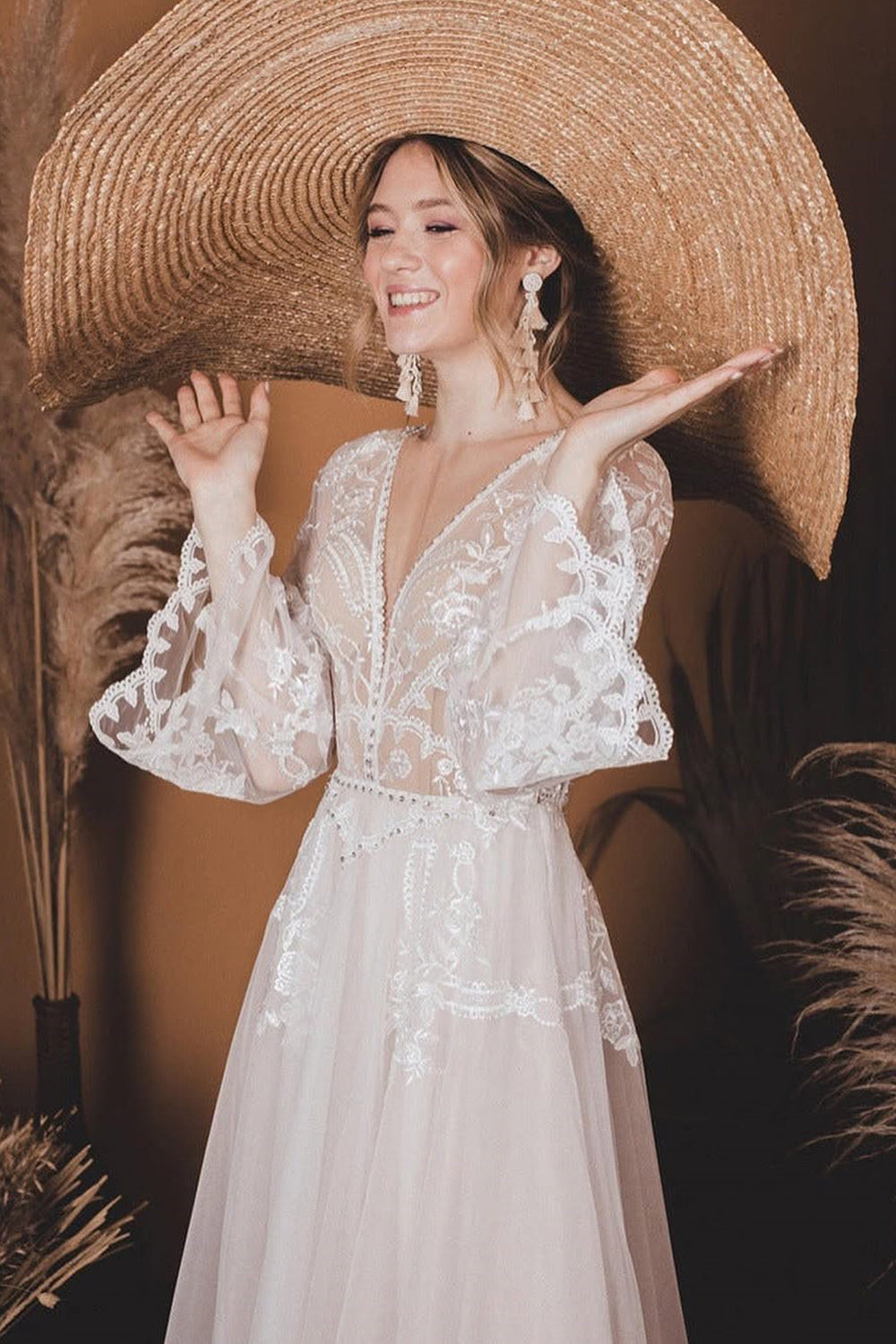 A-Line V Neck  Lace Top Flare Sleeves Beach Wedding Dress