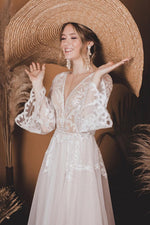 A-Line V Neck  Lace Top Flare Sleeves Beach Wedding Dress