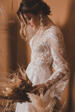 A-Line V Neck  Lace Top Flare Sleeves Beach Wedding Dress