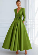 V-Neck A-Line Long Sleeve Ankle-Length Evening Dress