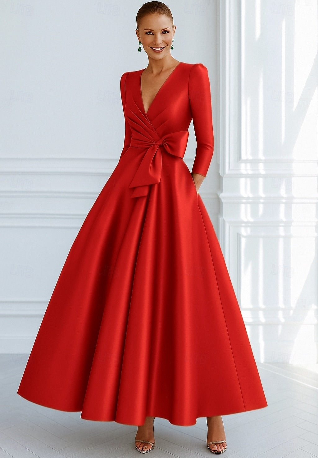 V-Neck A-Line Long Sleeve Ankle-Length Evening Dress