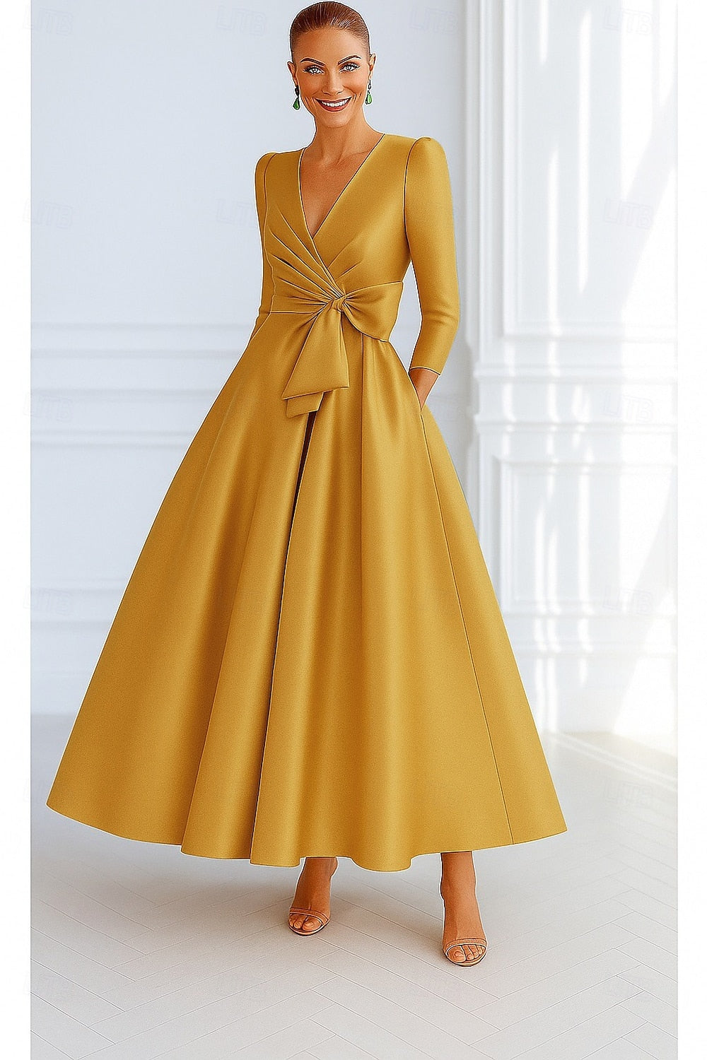 V-Neck A-Line Long Sleeve Ankle-Length Evening Dress