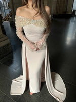 Beaded Sequins Lace Off the Shoulder Long Sleeve Mermiad Evening Dress Court Train