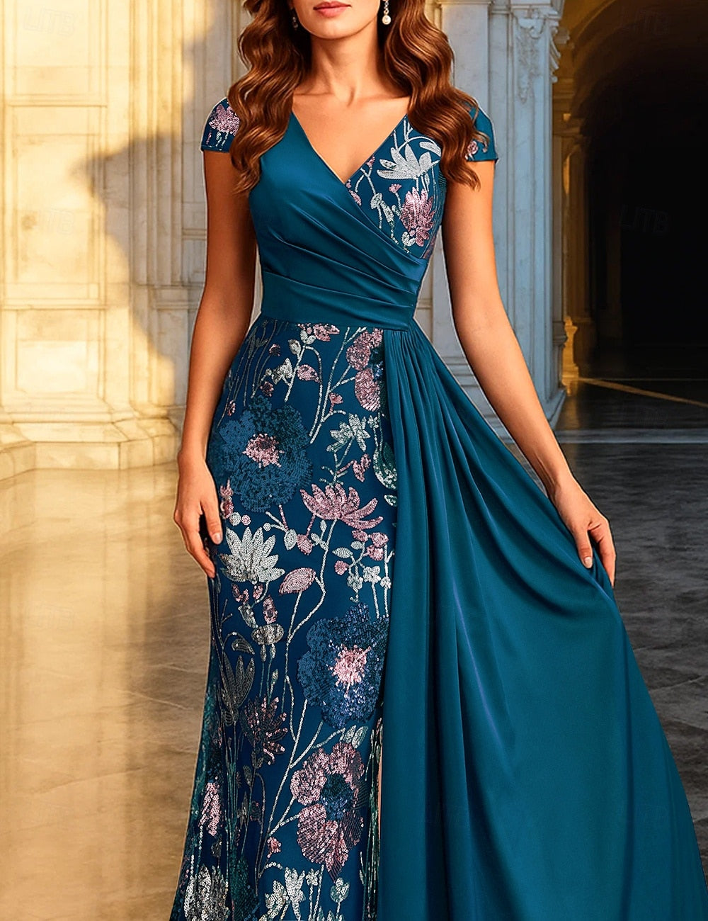 V-Neck Mermaid Applique Half Sleeve Floor-Length Evening Dress