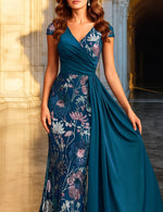 V-Neck Mermaid Applique Half Sleeve Floor-Length Evening Dress
