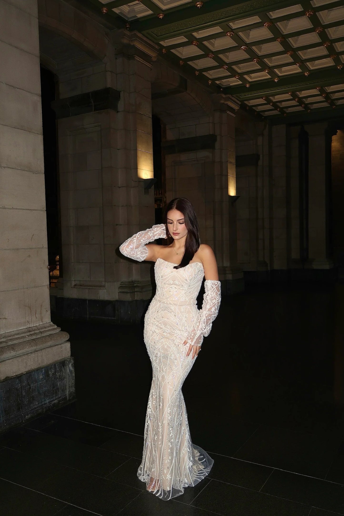 Detachable Lace Long Sleeve Mermaid Sequins Sparkle Evening Dress