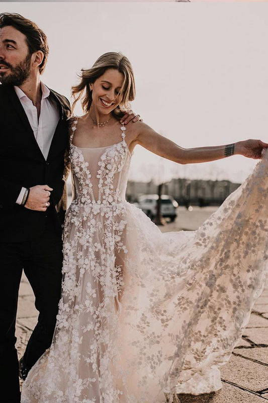 Boho A Line Scoop Neck Lace Beach Wedding Dresses