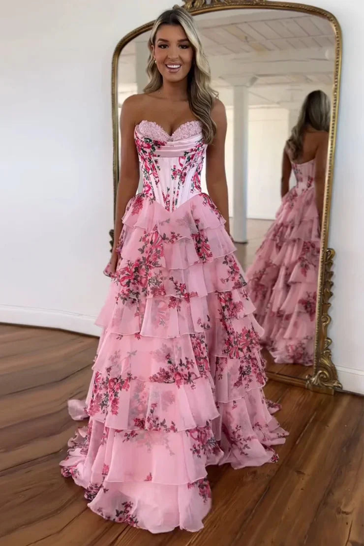 A Line Sweetheart Pink Floral Chiffon Prom Dress with Appliques