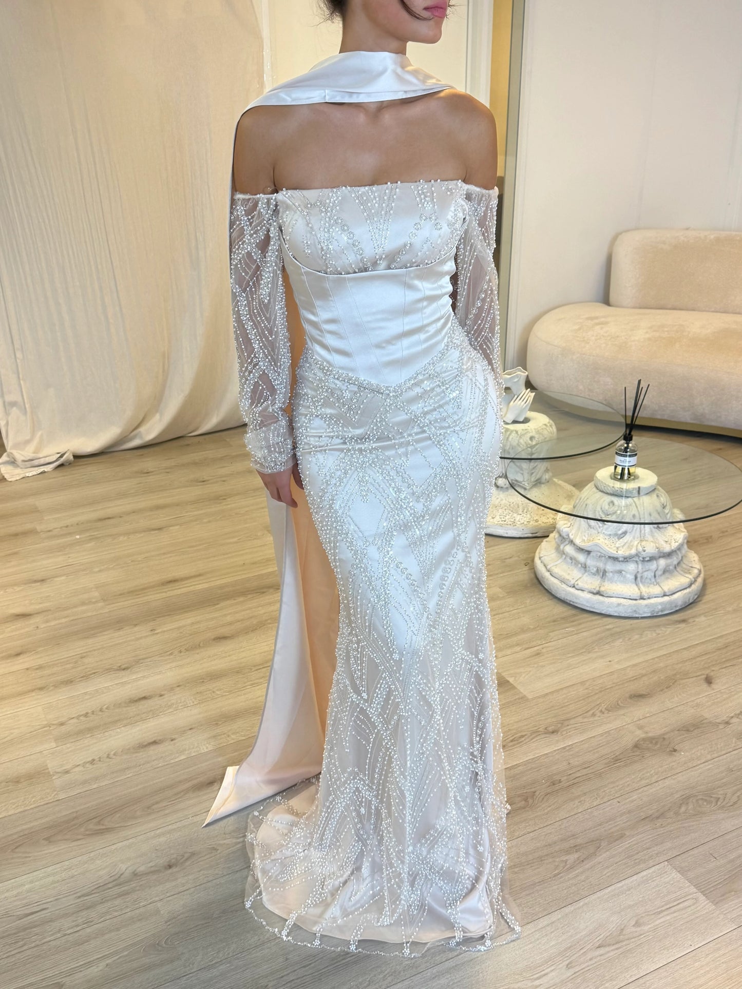 Off the Shoulder Sequins Lace Long Sleeve Mermaid Shawl Floor-Length Evening Dress