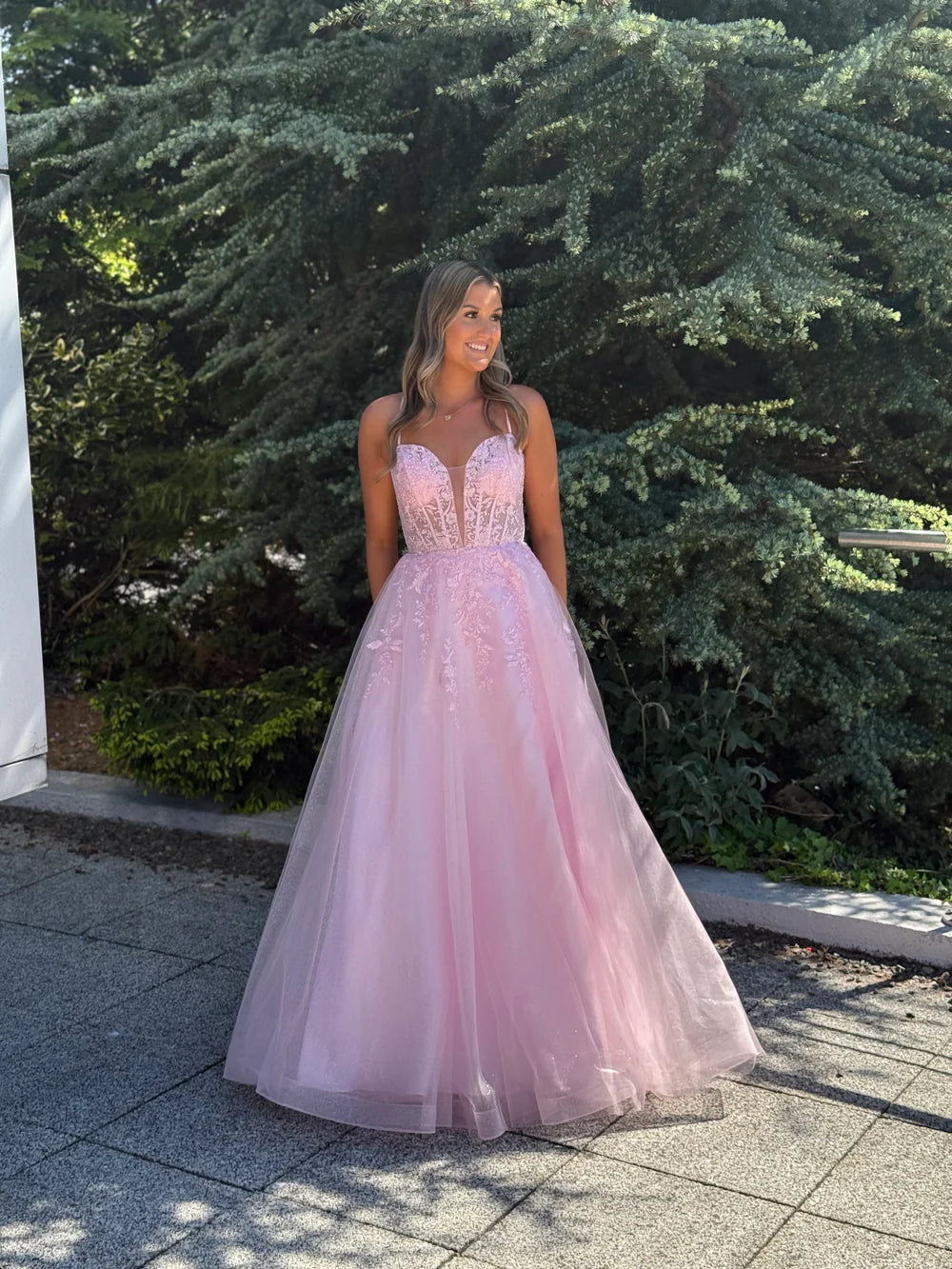 Spaghetti Straps Pink Applique Tulle A-Line Floor-Length Prom Dress