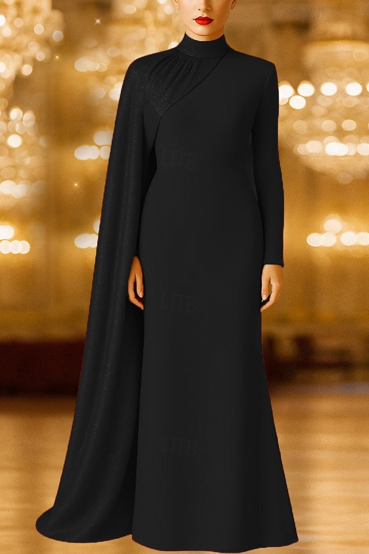 Side Draping Trumpet High Neck Long Sleeve Glittering Evening Gown with Cape