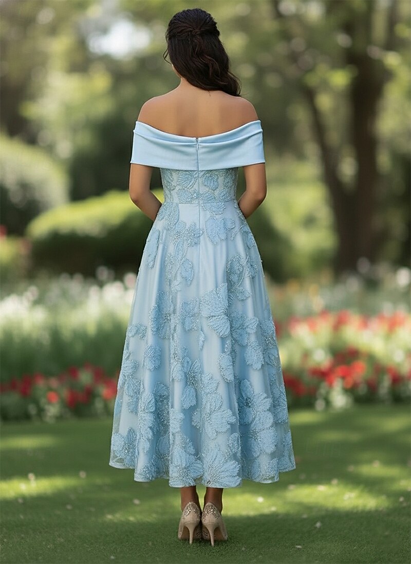 Off the Shoulder Sleeveless A-Line Flowers Floral Print Ankle-Length Evening Dress