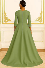 Green V-Neck Flower Floral Print 3/4 Sleeve Mermaid Floor-Length Evening Dress