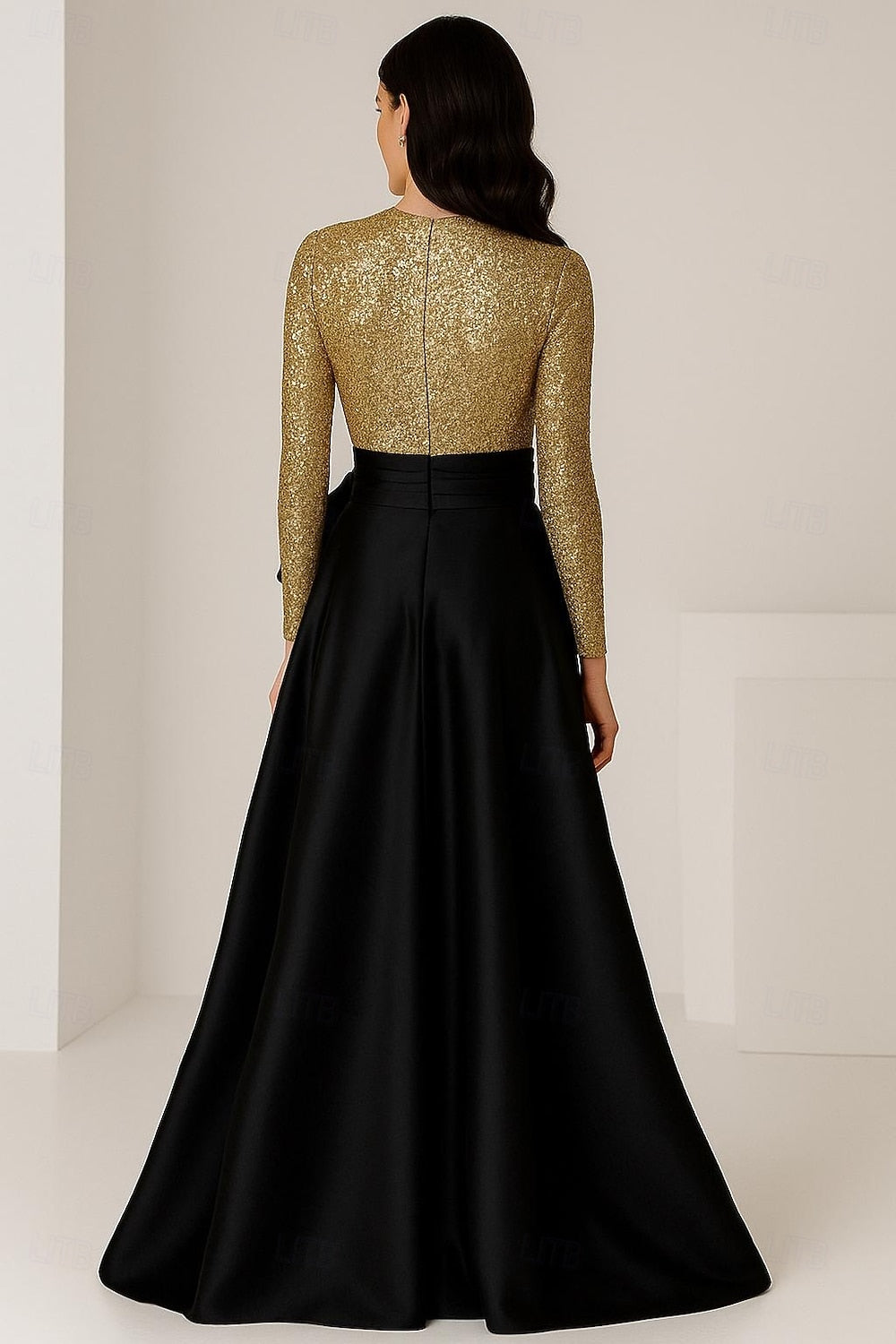 Glod Sequins Sparkle Long Sleeve Black A-Line Side Slit Evening Dress