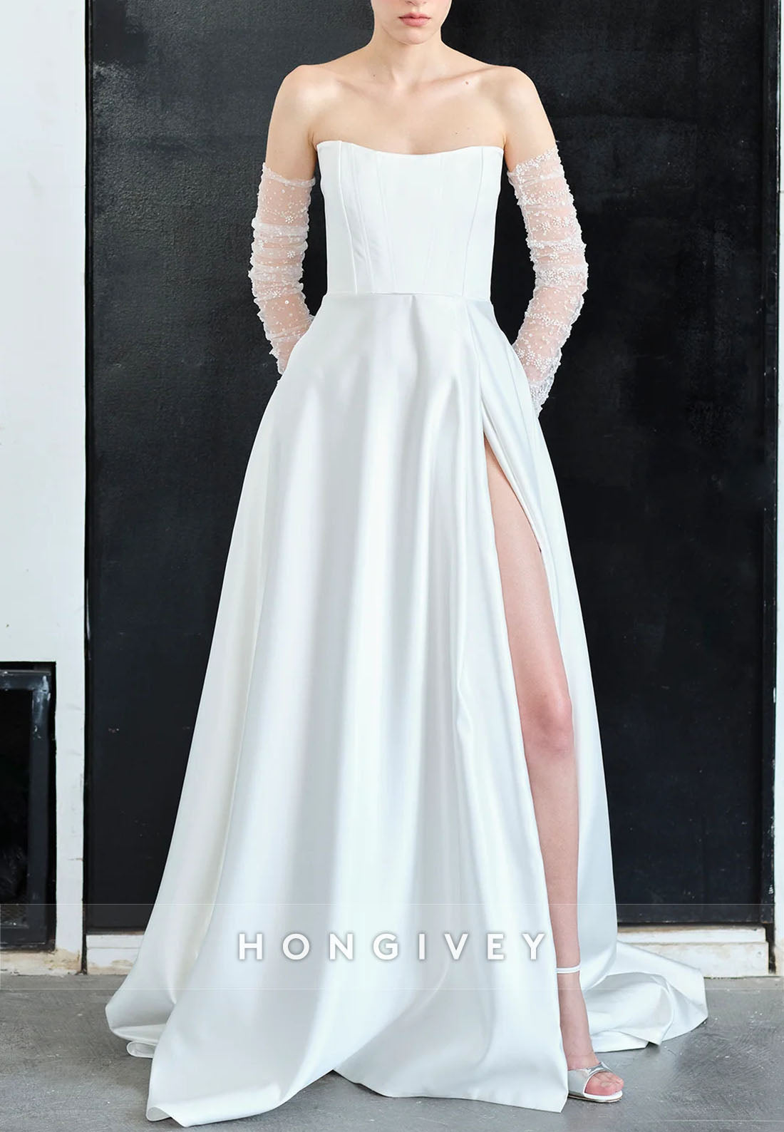 A-Line Strapless Satin Court Train Pleated Wedding Dresses with High Slit