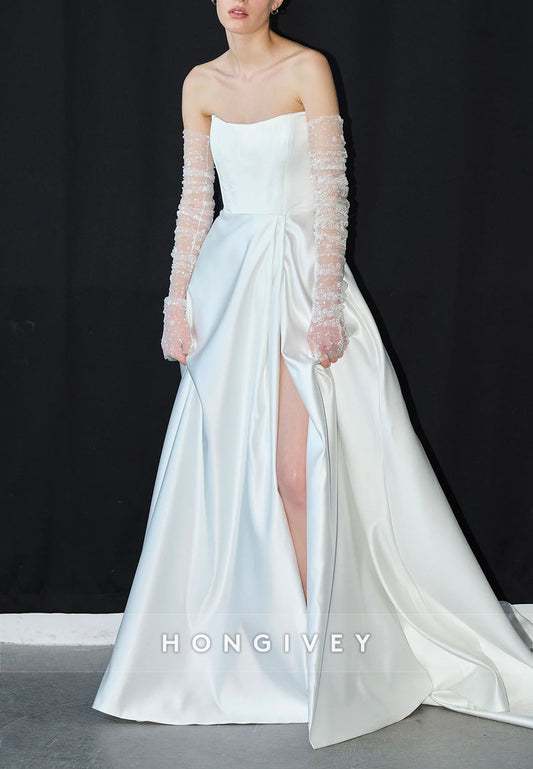 A-Line Strapless Satin Court Train Pleated Wedding Dresses with High Slit