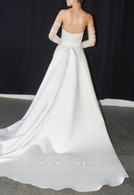 A-Line Strapless Satin Court Train Pleated Wedding Dresses with High Slit