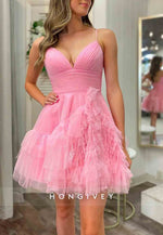 A Line Pink V Back Short Homecoming Dress Spaghetti Straps with Ruffles