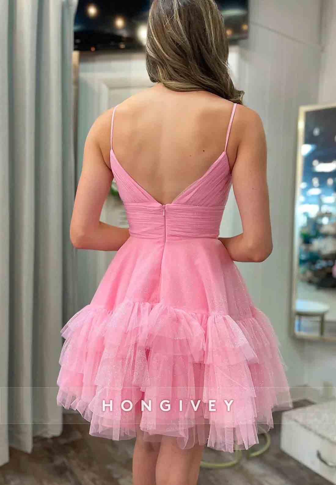 A Line Pink V Back Short Homecoming Dress Spaghetti Straps with Ruffles
