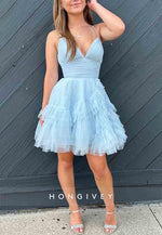 A Line Pink V Back Short Homecoming Dress Spaghetti Straps with Ruffles