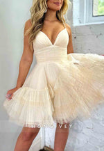 A Line Pink V Back Short Homecoming Dress Spaghetti Straps with Ruffles