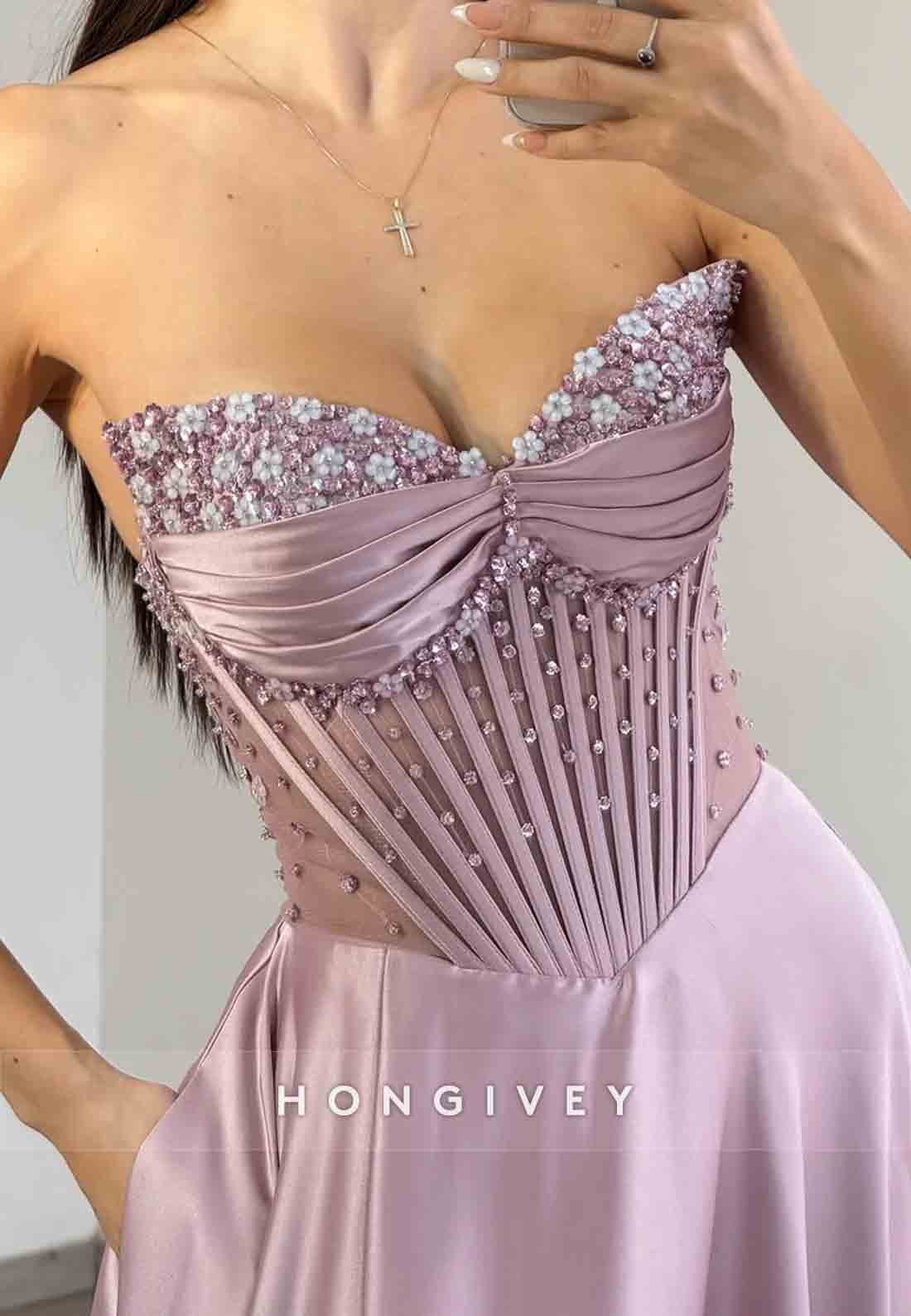 Satin Beaded Flowers A-Line Prom Dresses Long Sweetheart Party Evening Gowns