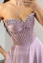 Satin Beaded Flowers A-Line Prom Dresses Long Sweetheart Party Evening Gowns