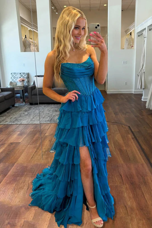 Simple Sweetheart Blue Sleeveless A-Line Tassel Side Slit Prom Dress Floor-Length