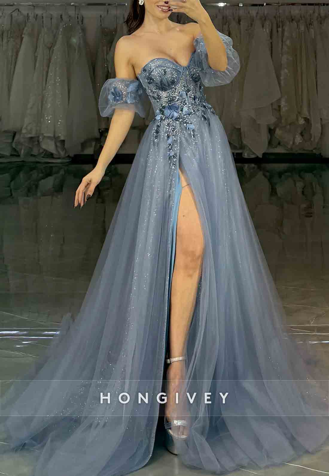 A-Line Sweetheart Off the Shoulder Prom Dresses Long Tulle Appliques Evening Gowns