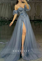 A-Line Sweetheart Off the Shoulder Prom Dresses Long Tulle Appliques Evening Gowns