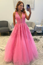 A Line Tulle Appliqued Prom Dresses Long Elegant V Neck Evening Party Gowns for Women