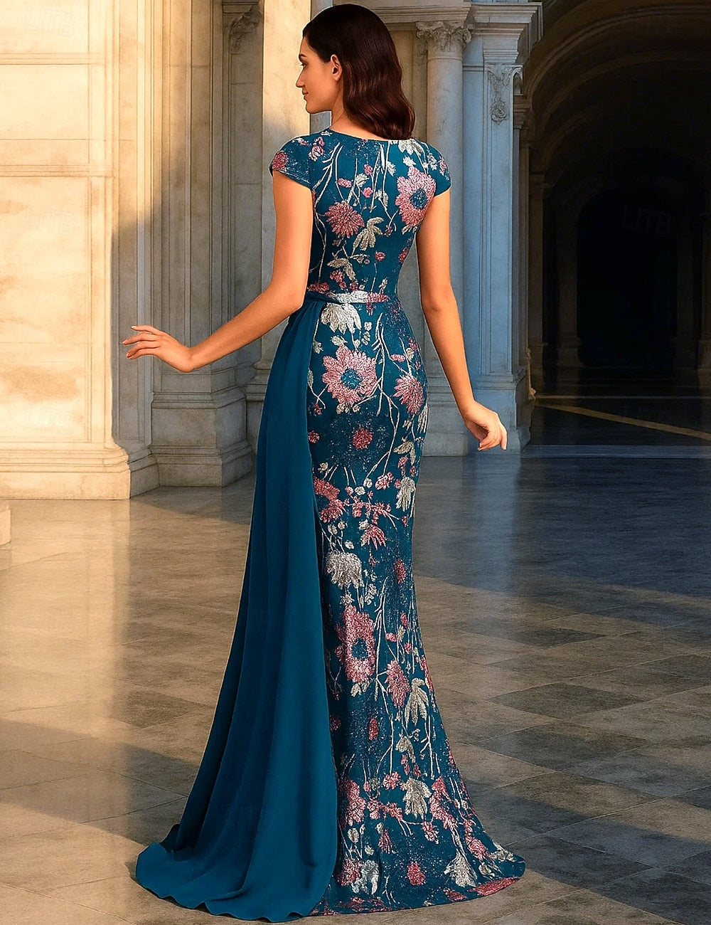V-Neck Mermaid Applique Half Sleeve Floor-Length Evening Dress