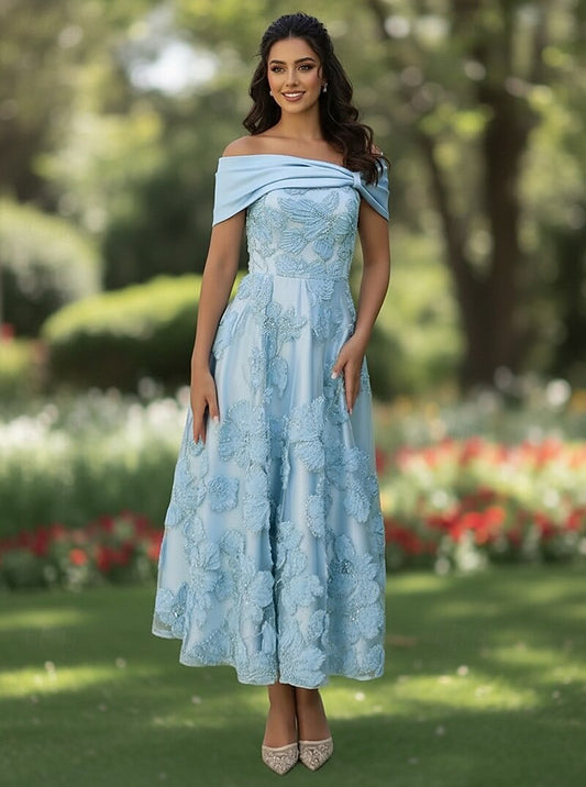 Off the Shoulder Sleeveless A-Line Flowers Floral Print Ankle-Length Evening Dress