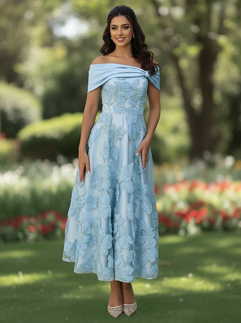 Off the Shoulder Sleeveless A-Line Flowers Floral Print Ankle-Length Evening Dress