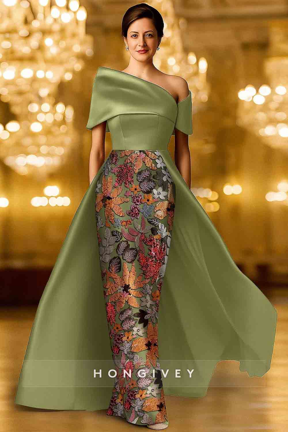Appliqued Off the Shoulder Mermaid Court Train Evening Dress